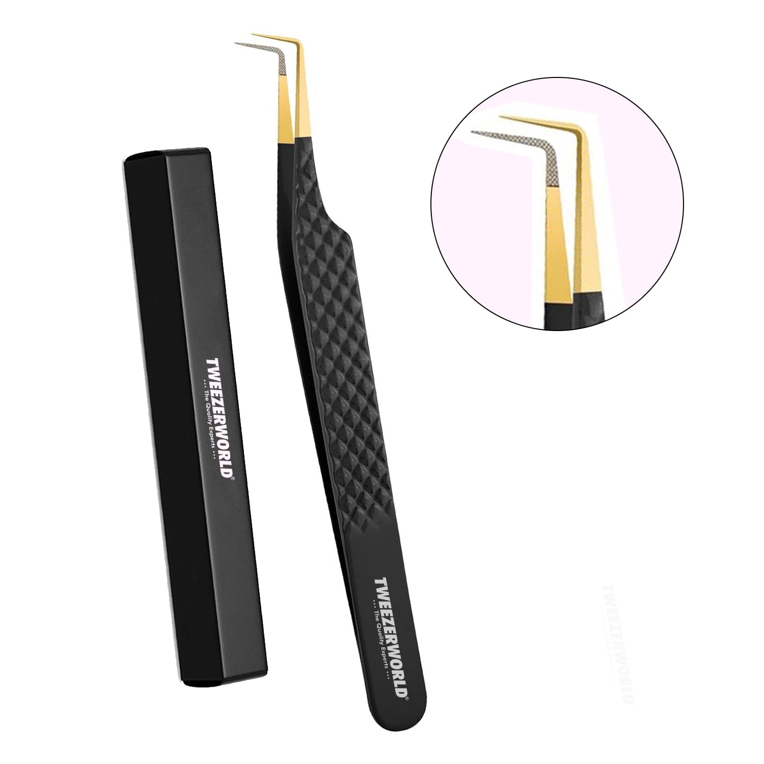 90 Degree tweezers gold black fiber tip TWEEZER WORLD