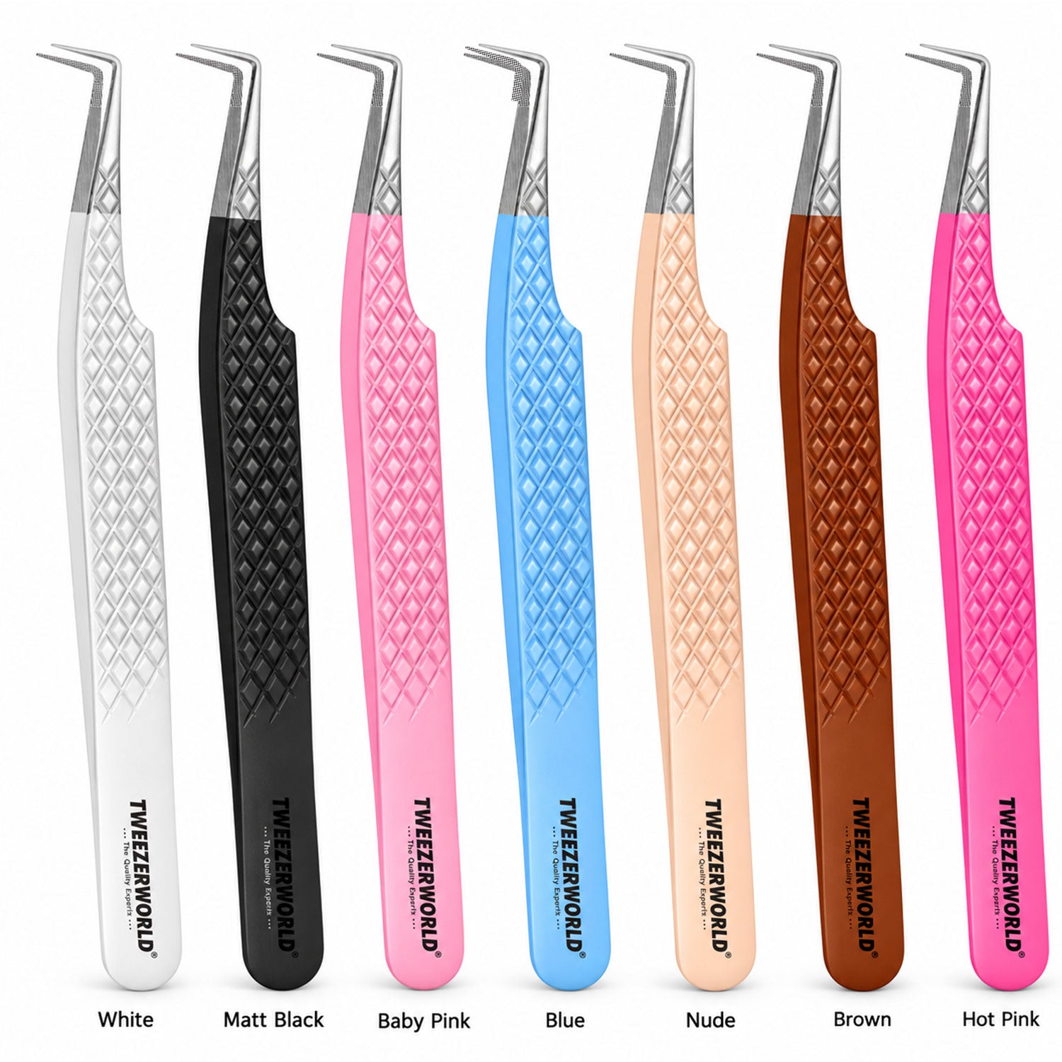 Six pairs of precision tweezers with textured handles are shown in different colors: White, Matt Black, Baby Pink, Blue, Nude, Brown, and Hot Pink. Each pair has silver metal tips and the brand name 'TWEEZER WORLD' printed vertically on the handle.