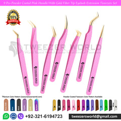 Lash Extensions Tweezers 9pcs Pink Gold Tip Set - TWEEZER WORLD