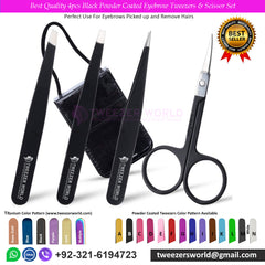 Best Quality 4pcs Black Powder Coated Eyebrow Tweezers & Scissor Set