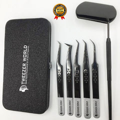 Black Coated Eyelash Extensions Tweezers Set with Eyelash Mirror and Magnet Box - TWEEZER WORLD