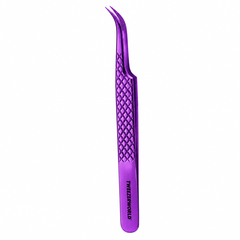 TWEEZER WORLD curved eyelash tweezers with bent-point textured tips, diamond grip and purple metallic finish