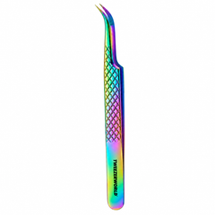 TWEEZER WORLD curved eyelash tweezers with bent-point textured tips, diamond grip and rainbow metallic finish
