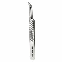 TWEEZER WORLD curved eyelash tweezers with bent-point textured tips, diamond grip and silver metallic finish