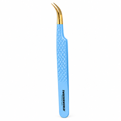 TWEEZER WORLD curved lash tweezers with blue diamond-grip handle and gold tips on a white background