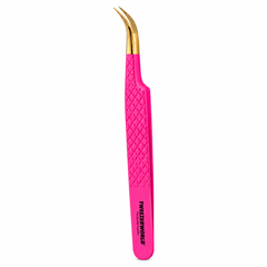 TWEEZER WORLD curved lash tweezers with hot pink diamond-grip handle and gold tips on a white background