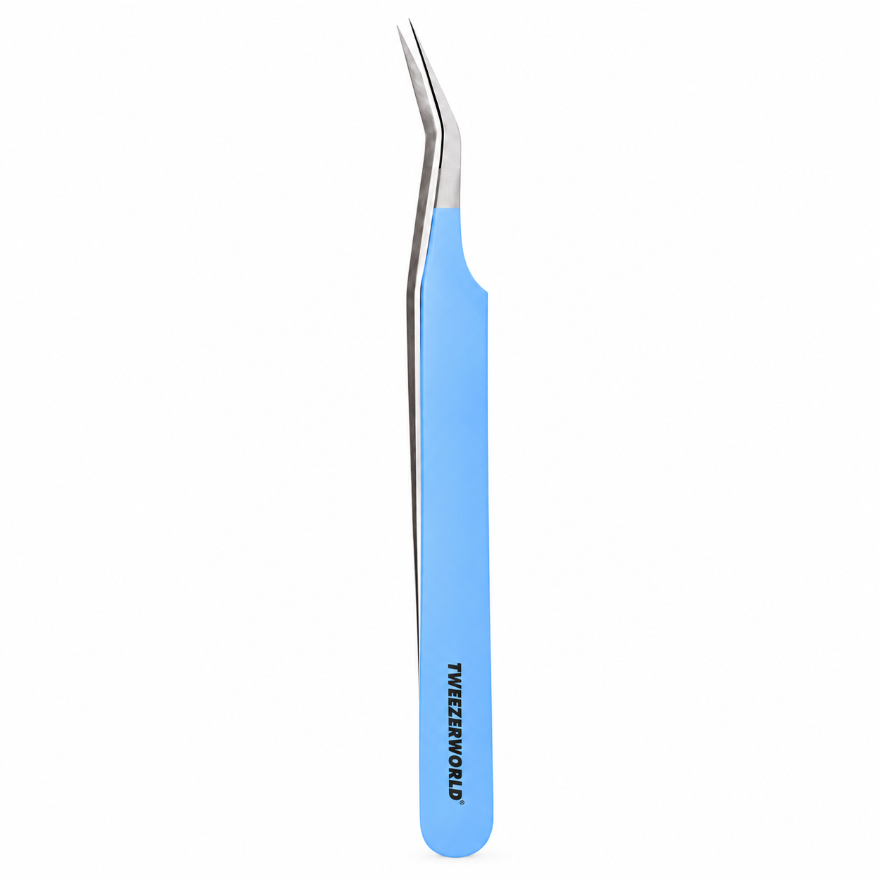TWEEZER WORLD lash tweezers with blue handle and silver angled tips on a white background