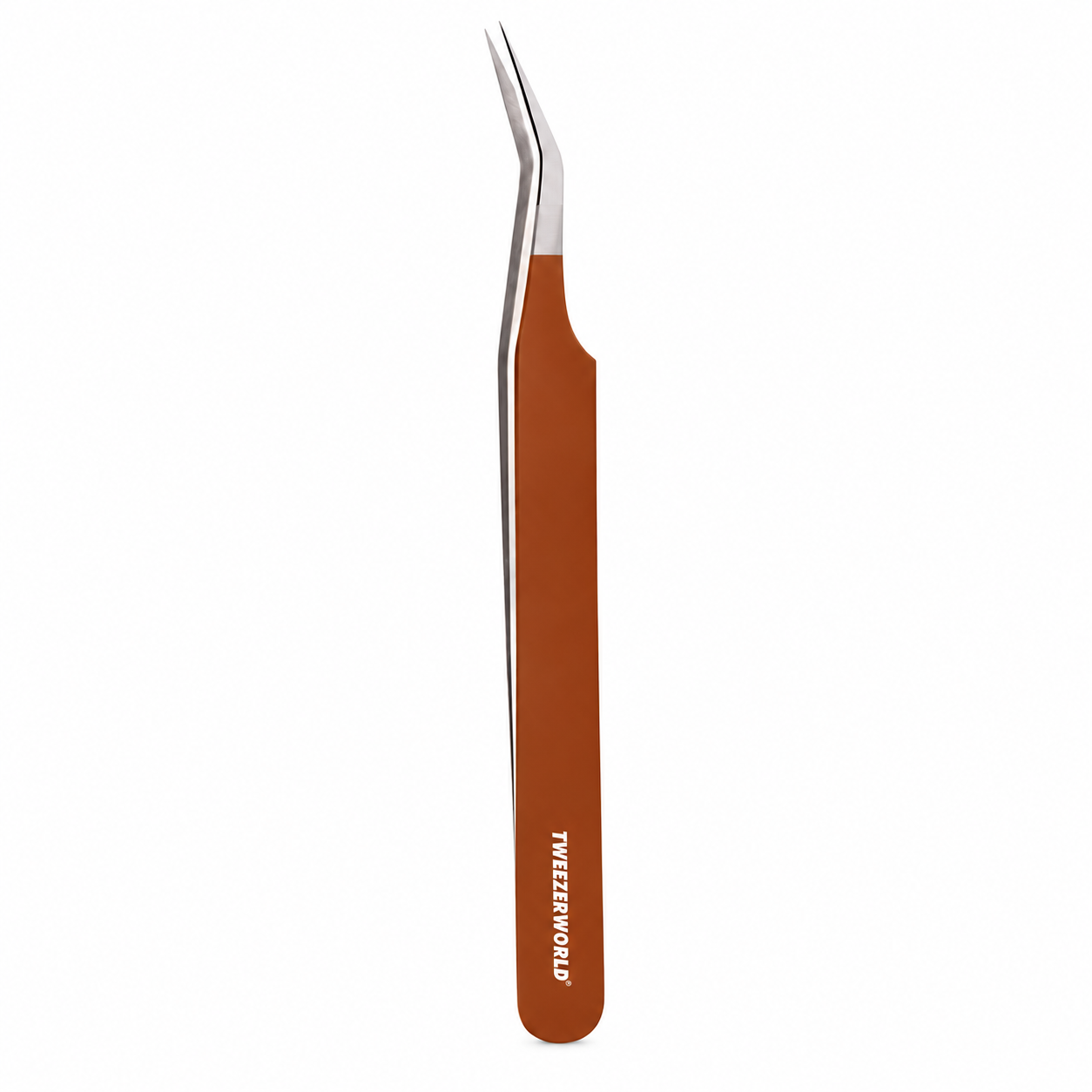 TWEEZER WORLD lash tweezers with brown handle and silver angled tips on a white background