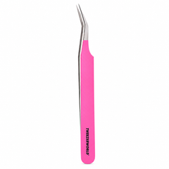 TWEEZER WORLD lash tweezers with hot pink handle and silver angled tips on a white background