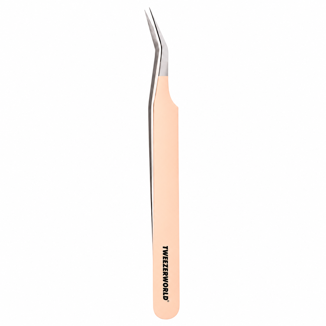 TWEEZER WORLD lash tweezers with nude handle and silver angled tips on a white background