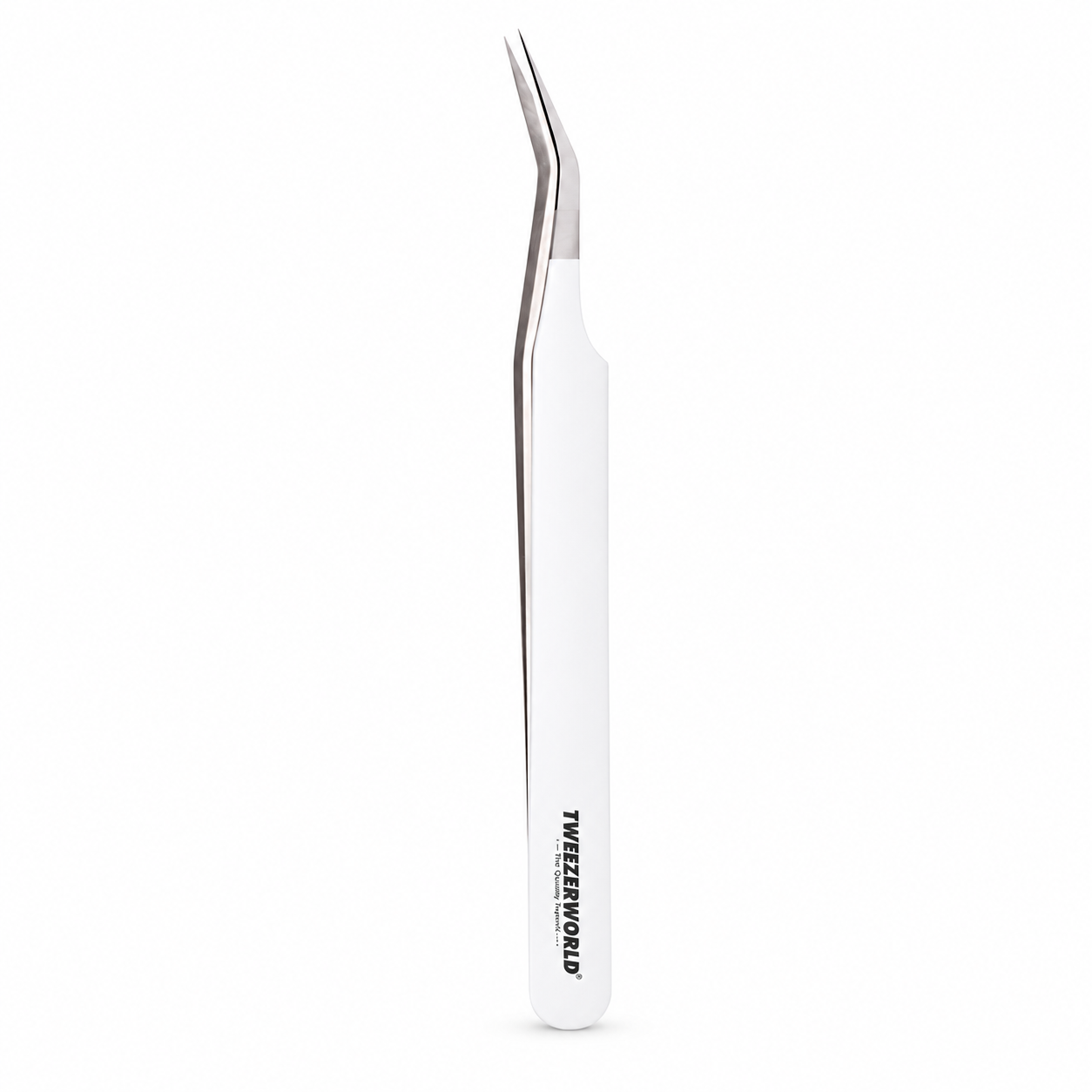 TWEEZER WORLD lash tweezers with white handle and silver angled tips on a white background