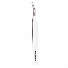 TWEEZER WORLD lash tweezers with white handle and silver angled tips on a white background