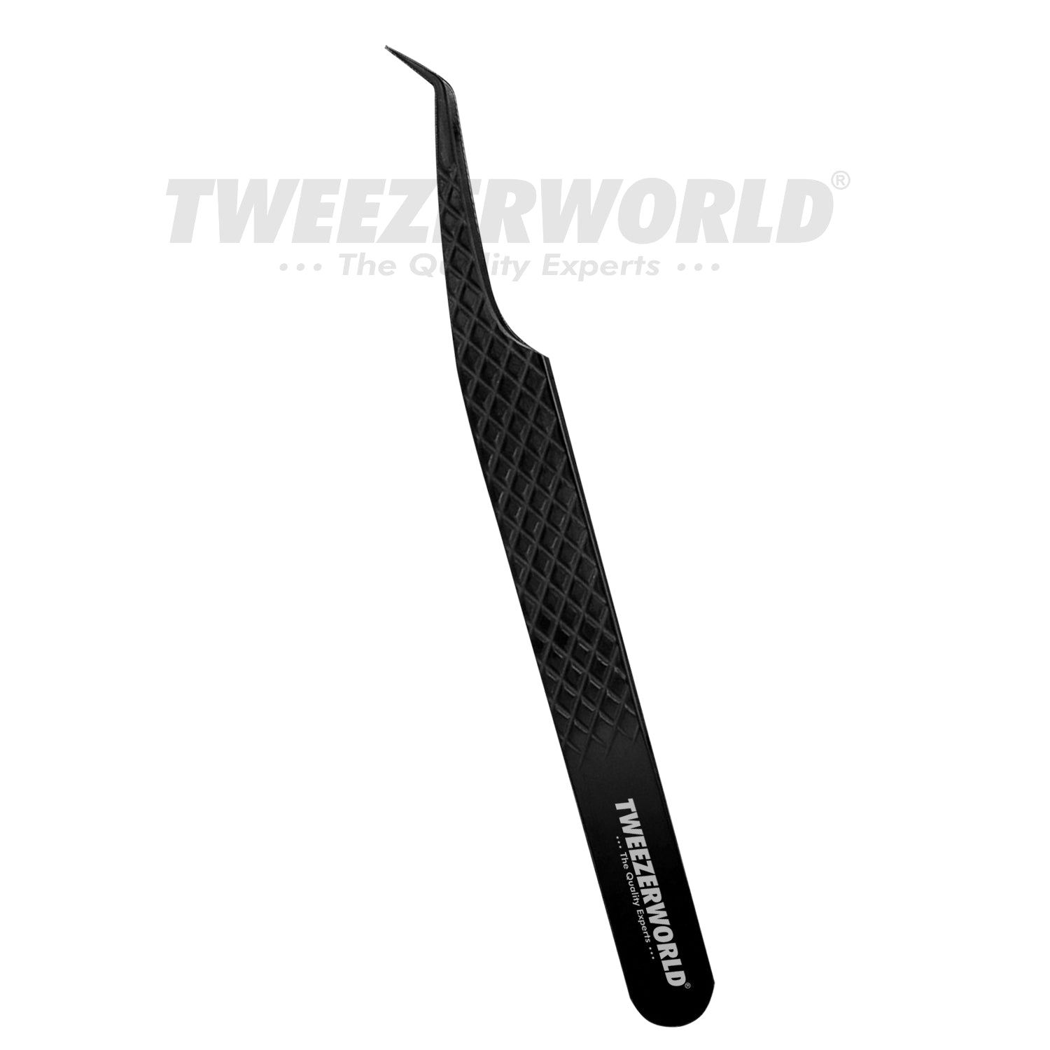 Black tweezers with textured handle on a white background, branded 'TWEEZER WORLD'.