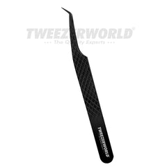 Black tweezers with textured handle on a white background, branded 'TWEEZER WORLD'.