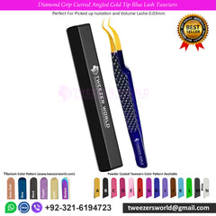 Diamond Grip Curved Angled Gold Tip Blue Lash Tweezers