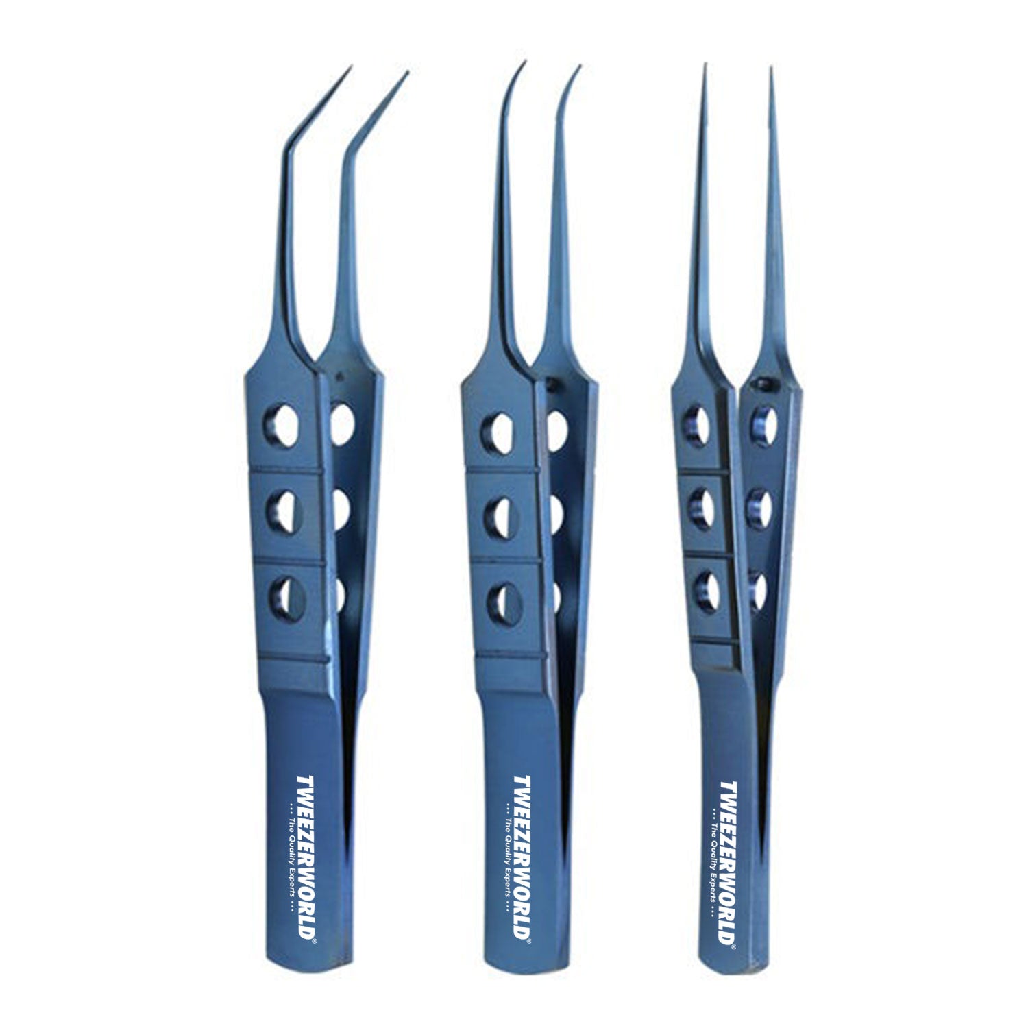FUE Graft Handling Forceps: Straight, Curved, and 45 Angled and the brand name 'TWEEZER WORLD' printed in white.