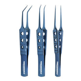 FUE Graft Handling Forceps: Straight, Curved, and 45 Angled and the brand name 'TWEEZER WORLD' printed in white.