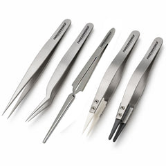 Five stainless steel precision tweezers of different sizes and types arranged diagonally on a white background, with the brand name 'TWELVELONG' printed on the handles.