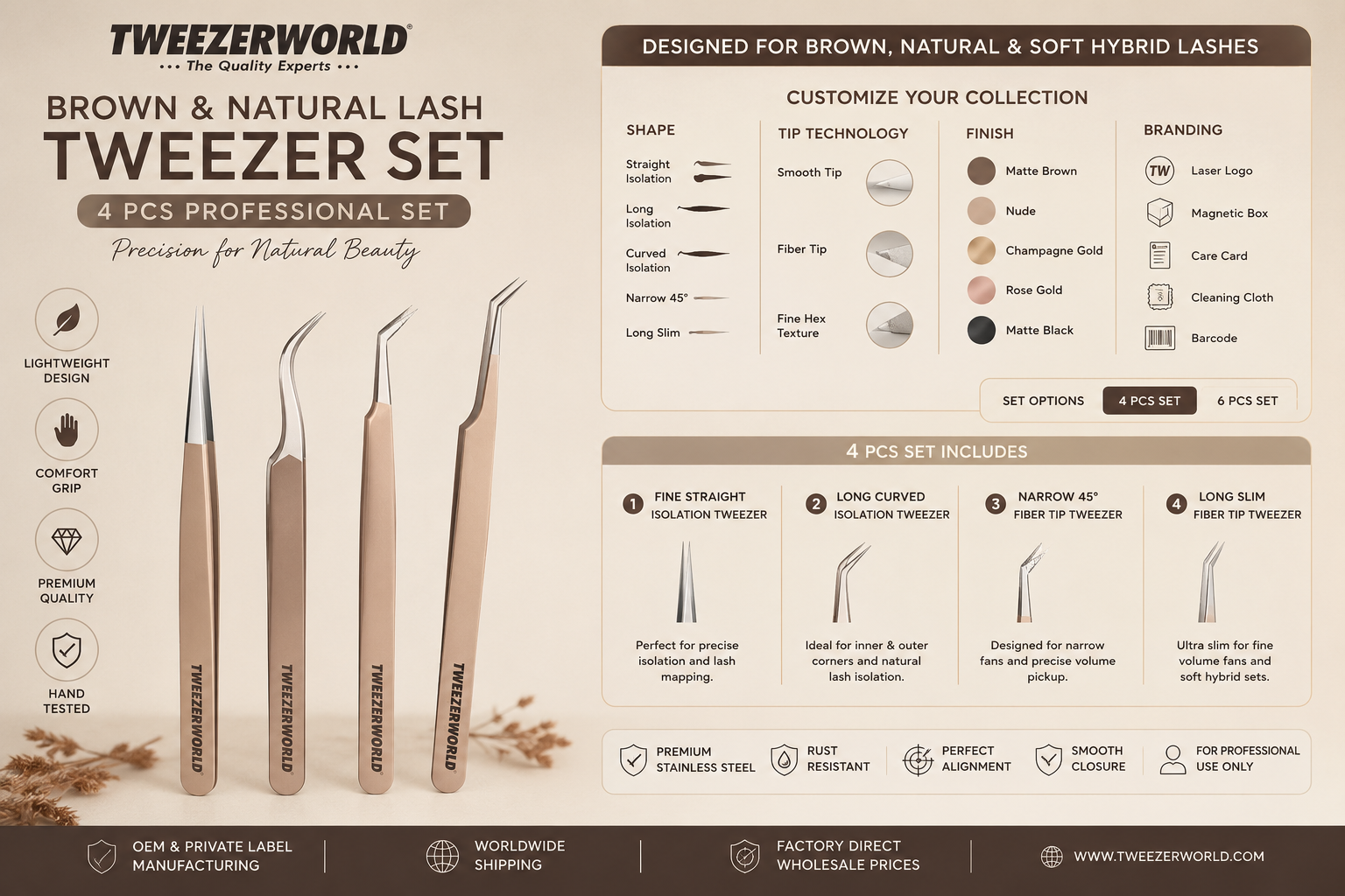 A promotional infographic for the TweezerWorld Brown & Natural Lash Tweezer Set, showing four lash tweezers with rose gold handles and stainless steel tips on a beige background with detailed feature and instruction panels.