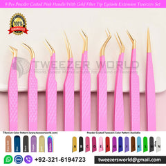 Lash Tweezers 9pcs Pink Gold Tip Set - TWEEZER WORLD