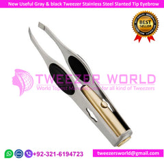 New Useful Gray & black Tweezer Stainless Steel Slanted Tip Eyebrow