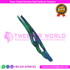 Paper Coated Eyebrow Green Tweezers With Stainless Steel Slanted tip