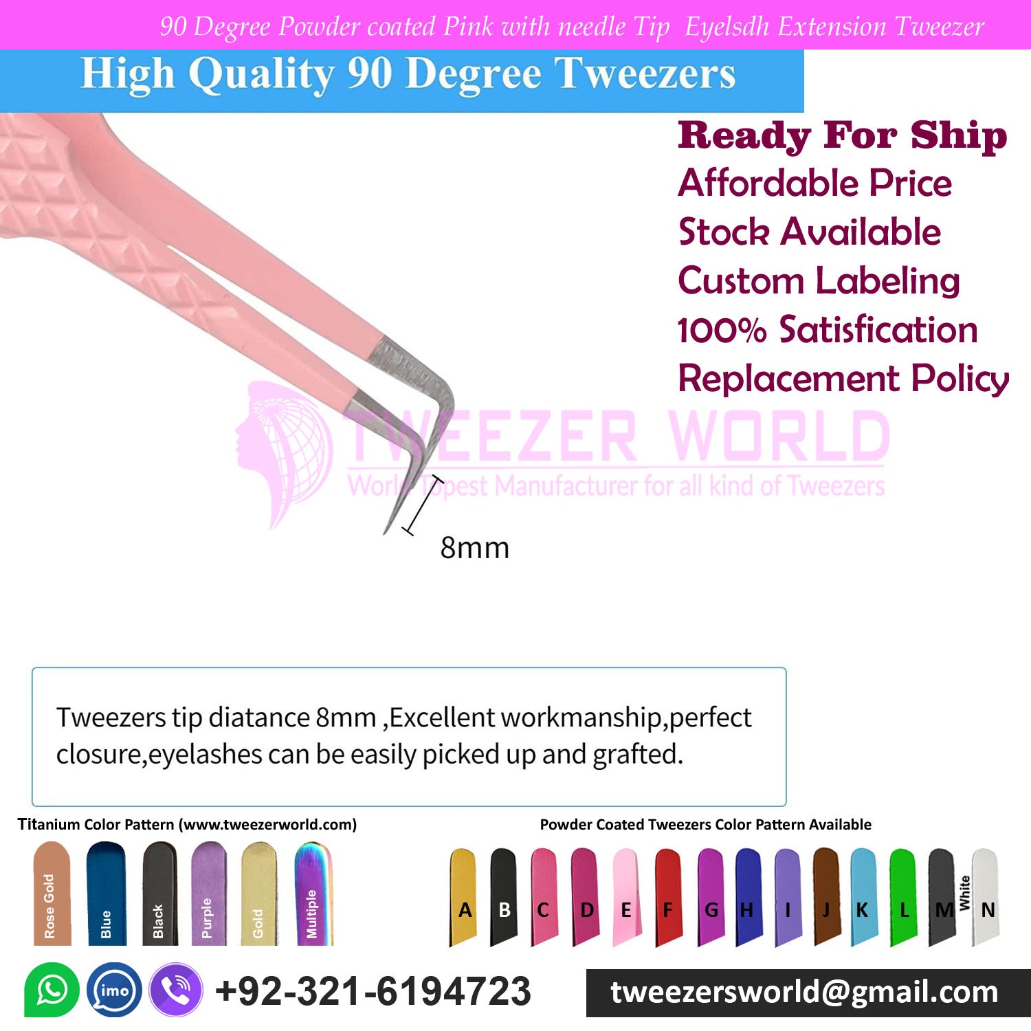 90 degree Pink lash tweezers by TWEEZER WORLD