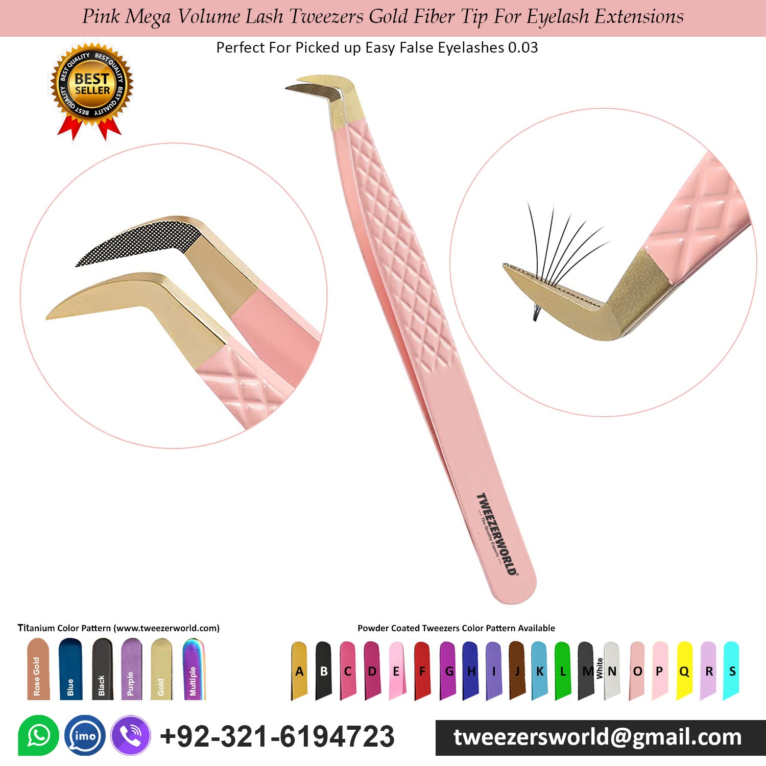 Pink eyelash tweezers with gold fiber tips on a white background, featuring the Tweezerworld brand.