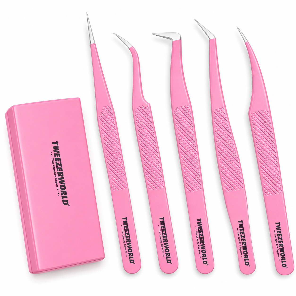 Five pink professional tweezers with silver metal tips arranged next to a matching pink storage case on a white background. The tweezers are branded with 'TWEEZERWORLD' printed on the handles.