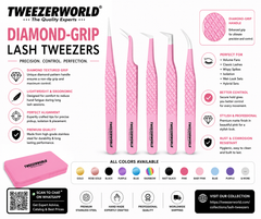 TweezerWorld Diamond-Grip Lash Tweezers in pink, shown with product features, close-up of the diamond-etched handle, color options, and a collection footer on a white background.