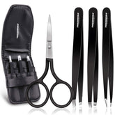 Black grooming kit with scissors, tweezers, and a case on a white background