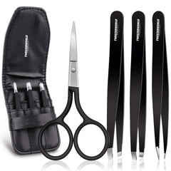 Black grooming kit with scissors, tweezers, and a case on a white background