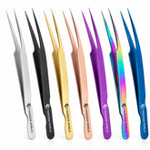 Professional S-Shape Oblique-Tip Isolation Lash Tweezers in seven colors: silver, black, gold, rose gold, purple, rainbow and blue | TWEEZER WORLD®