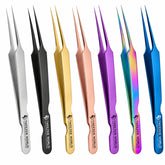 Professional S-Shape Pointed Needle-Tip Isolation Lash Tweezers in seven colors: silver, black, gold, rose gold, purple, rainbow and blue | TWEEZER WORLD®