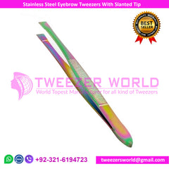 Rainbow Stainless Steel Eyebrow Tweezers With Slanted Tip