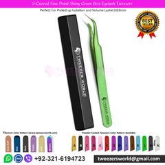 S-Curved Fine Point Shiny Green Best Eyelash Tweezers