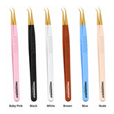 Six pairs of precision serrated handle tweezers in different colors (Baby Pink, Black, White, Brown, Blue, and Nude) are shown side-by-side on a white background with text labels underneath each pair.