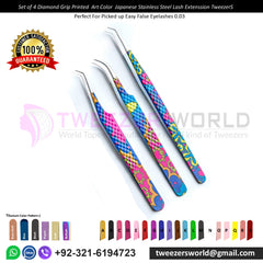 Set of 4 Diamond Grip Printed Art Color Stainless Steel Tweezers