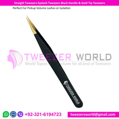 Straight Tweezers Eyelash Tweezers Black Handle & Gold Tip Tweezers