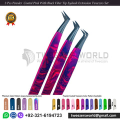 3 Pcs Powder Coated Pink With Black Fiber Tip Eyelash Extension Tweezers Set
