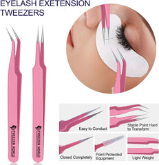 3 Pcs Powder Coated Pink With Silver Fiber Tip Eyelash Extension Tweezers Set