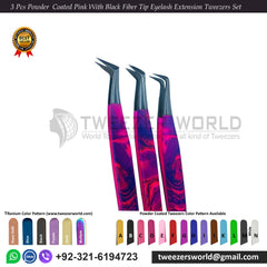 3 Pcs Powder Coated Pink With Black Fiber Tip Eyelash Extension Tweezers Set