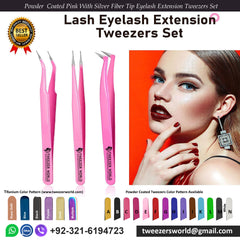3 Pcs Powder Coated Pink With Silver Fiber Tip Eyelash Extension Tweezers Set
