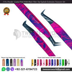 3 Pcs Powder Coated Pink With Black Fiber Tip Eyelash Extension Tweezers Set