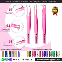 3 Pcs Powder Coated Pink With Silver Fiber Tip Eyelash Extension Tweezers Set