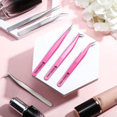 3 Pcs Powder Coated Pink With Silver Fiber Tip Eyelash Extension Tweezers Set