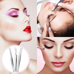3 Pcs Powder Coated Pink With Silver Fiber Tip Eyelash Extension Tweezers Set