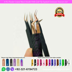 4 Pcs Powder Coated Black Handle With Gold Tip Eyelash Extension Tweezers Set