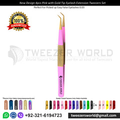New Design 4pcs Pink with Gold Tip Eyelash Tweezers Sets