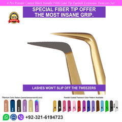 4 Pcs Powder Coated Black Handle With Gold Tip Eyelash Extension Tweezers Set